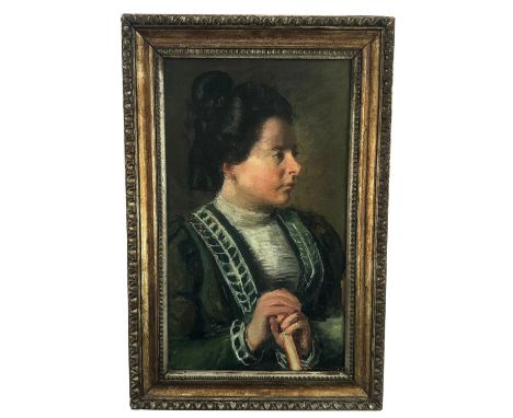 Portrait of a young woman. Oil painting on cardboard, 19th/20th-century Italian school, portraying a Portrait of a young woma