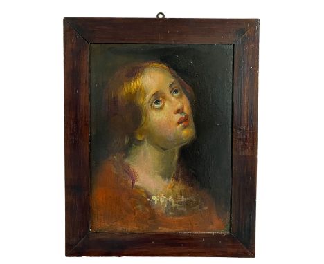 Faithful woman in prayer. Oil painting on board, 19th-century period, depicting a portrait of a faithful woman in prayer. By 