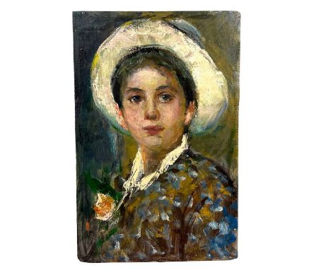 Portrait of awoman with a white hat. Oil painting on board, 20th-century Italian school, depicting a portrait of a woman with