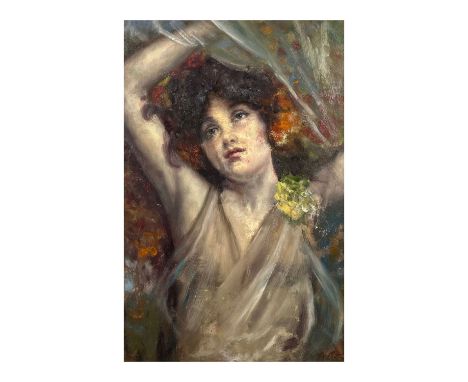 Portrait of a Woman with a White Veil. Oil painting on panel, 20th-century Italian School depicting Portrait of a Woman with 