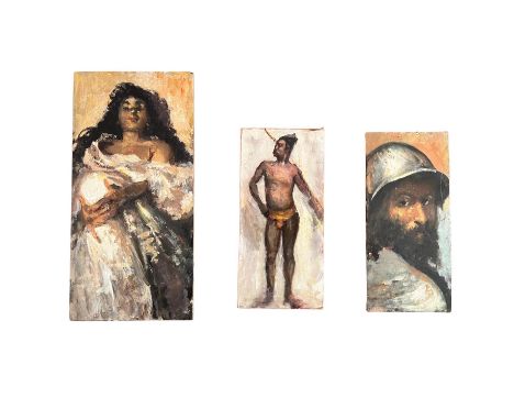 Portrait of a man, portrait of a woman, portrait of a man. Lot of three small oil paintings on panel, 20th-century period, de