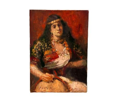 Portrait of an oriental woman. Small oil painting on panel, 20th-century Italian school, depicting a portrait of an oriental 