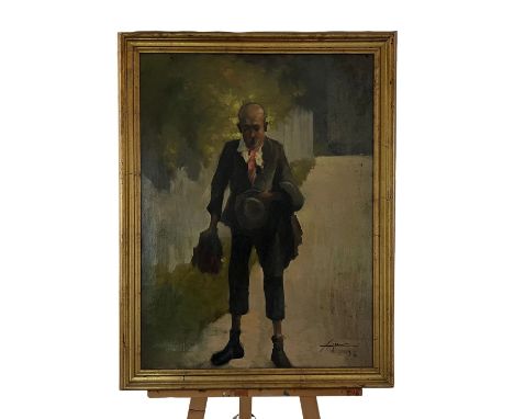Elderly man with a hat and a bouquet of flowers in his hands. Oil painting on canvas, 19th-century, depicting a portrait of a