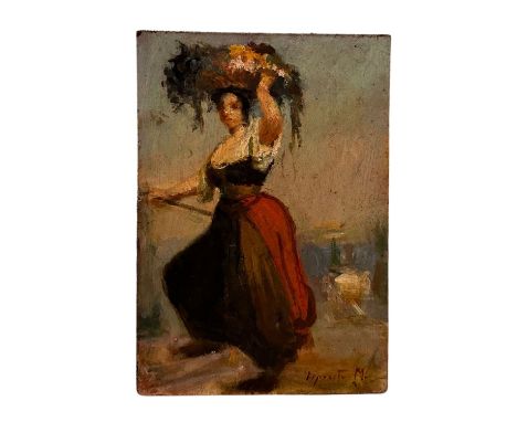 Peasant woman. Small oil painting on panel, 20th-century Italian school, depicting a peasant woman. Dimensions: 24x17 cm. Sig