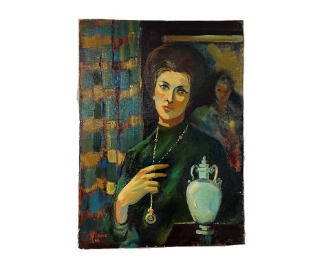 Portrait of a Woman in a Green Dress. Oil painting on canvas attached to panel, from the year 1962 depicting Portrait of a Wo