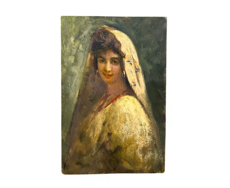 Woman with a veil. Oil painting on board, 20th-century Italian school, depicting a portrait of a woman with a veil. Dimension