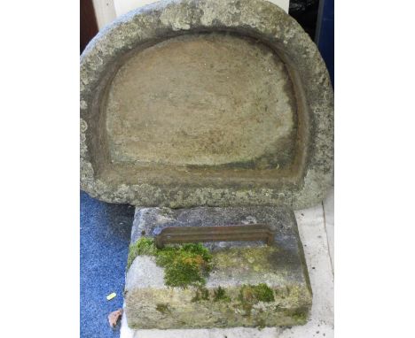RECONSTITUTED STONE TROUGH &amp; BLOCK with cast iron boot scrape, 77 x 60cms, 45 x 31cms respectively