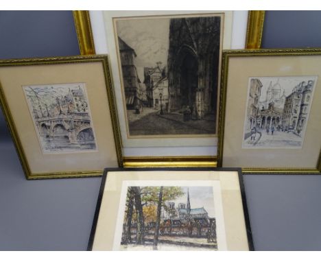 G HAYES large etching, 36 x 28cms together with three smaller etchings of French views, 22.5 x 18cms, 23 x 29cms and 22.5 x 1