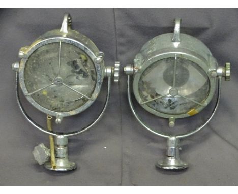 VINTAGE CHROME MARINE TYPE SEARCH LIGHTS, a pair, 45cm heights, 22cms diameter lens