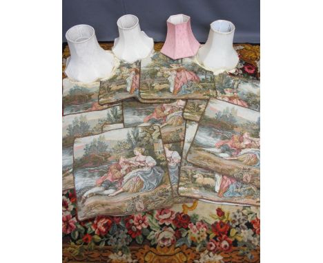 CHENILE TAPESTRY TYPE CLOTH, quantity of cushion covers and four tasselled lamp shades, the cloth depicting a peacock in full