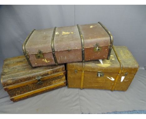 THREE VINTAGE TRAVEL TRUNKS including a deep canvas type example with wooden banding, 62cms H, 84cms W, 51cms D, one other wi