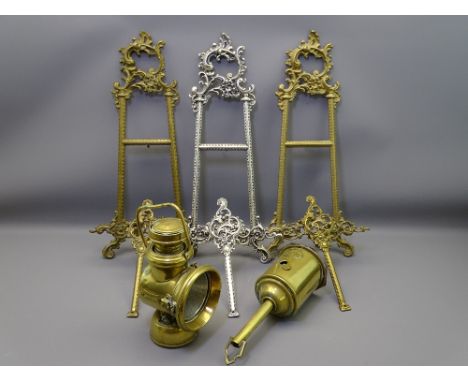 VINTAGE BRASS CLOCK WORK SPIT JACK WITH KEY, Powell and Hanmer lamp along with two brass and one white metal rococo style eas