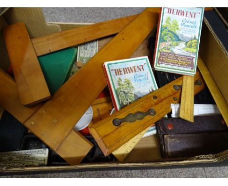 ARCHITECT'S DRAWING EQUIPMENT comprising two tea squares, sets of drawing instruments, boxwood scale rules, colour pencils ET