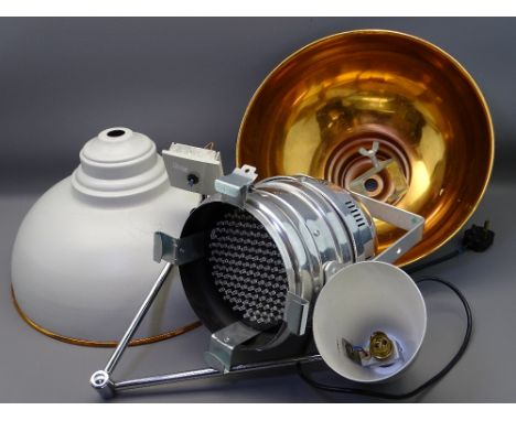 MODERN LIGHTING &amp; COPPER LIGHT SHADES to include a wall mount anglepoise lamp, an aluminium polished stage light having c