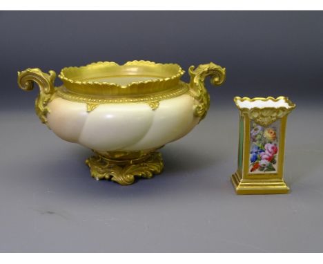 ROYAL WORCESTER CENTRE PIECE BOWL and a hand painted continental rectangular vase, the Worcester being blush and gilt decorat