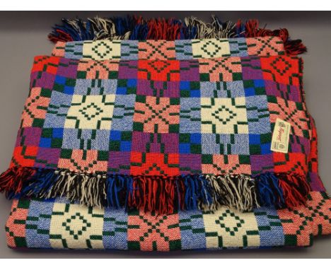 TREGWYNT WELSH WOOLLEN BLANKET in traditional, reversible block pattern in green, pink, reds and blues with tasselled ends, 2