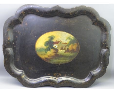 VICTORIAN PAPIER MACHE TRAY with mother of pearl and painted oval centre, 57 x 75cms (age commensurate wear with damaged loss