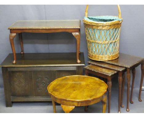 VINTAGE &amp; LATER FURNITURE PARCEL to include an oak blanket box, reproduction mahogany set of Long John coffee and three o