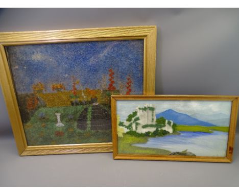 LARGE 1930s BEADWORK MOSAIC PICTURE OF A GARDEN WITH SUNDIAL with fabric picture of castle by a lake, possibly Irish