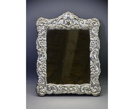 LARGE MODERN EMBOSSED SILVER, easel mirror/portrait frame, Sheffield 1989, velvet backed, 37cms H x 29.5cms W