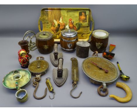 VINTAGE METALWARE &amp; TREEN, a mixed lot to include a lidded milk can for Penlan Dairy, 300lbs Waymaster and Salter's scale