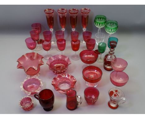 CRANBERRY, RUBY &amp; OTHER COLOURFUL GLASSWARE, a mixed selection of drinking glasses, bowls and one small stoppered bottle