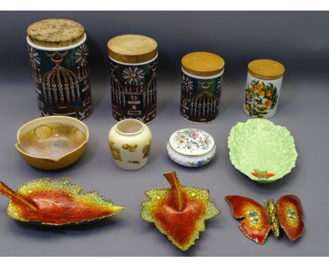 MID-CENTURY PORTMEIRION &amp; OTHER STORAGE JARS, decorative china and three Limoges enamel leaf dishes and butterfly