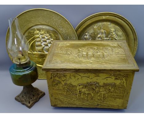 VINTAGE OIL LAMP with glass font and cast iron base, repousse brass log/coal box and two wall chargers