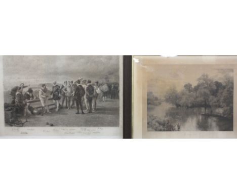 LARGE OAK FRAMED VINTAGE ENGRAVINGS to include SEYMOUR LUCAS depicting Francis Drake and the infamous game of bowls, signed b