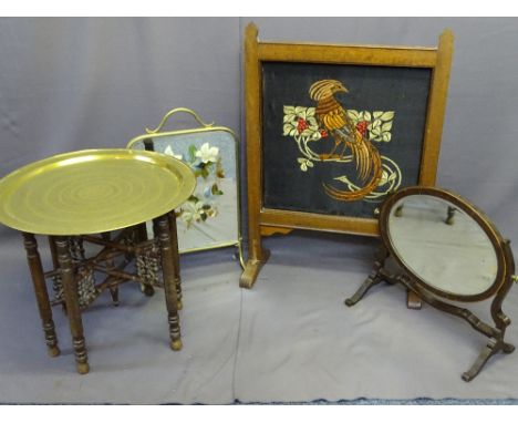 FOUR VINTAGE FURNITURE ITEMS to include an Eastern folding table with brass top, an oval swing toilet mirror, a brass framed 