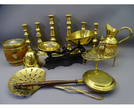CAST IRON KITCHEN SCALES, Victorian and later brass candlesticks, an oak biscuit barrel and other items of vintage and later 
