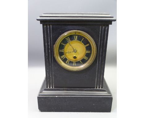 VICTORIAN BLACK SLATE MANTEL CLOCK, 30cms H, 23.5cms W (lacking pendulum and key)