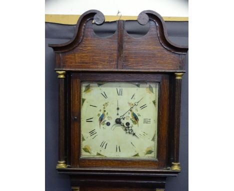 CIRCA 1840 OAK LONGCASE CLOCK, 13" square painted dial set with Roman numerals, subsidiary seconds dial and date aperture wit