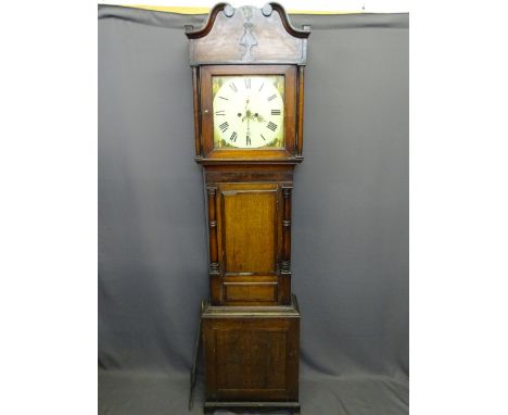 14" SQUARE PAINTED DIAL LONGCASE CLOCK, Roman numerals with subsidiary seconds and date aperture to the dial with cottage pai