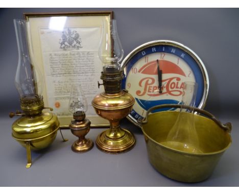 VINTAGE BRASS &amp; COPPER LAMPS, iron handled preserve pan, Pepsi Cola advertising clock and a 1904 Foreign Office document 