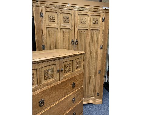 CROWN AY FURNITURE - TWO DOOR WARDROBE &amp; TALL BOY BEDROOM SET in light oak with panelled sections of carved and linen fol