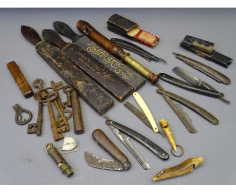 MIXED COLLECTABLES GROUP to include a quantity of cut throat razors and three strops, horn and other whistles, vintage iron k