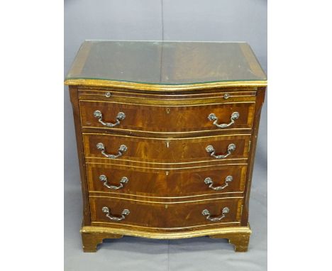 REPRODUCTION MAHOGANY SERPENTINE FRONT BACHELOR'S CHEST, four drawer with upper brushing slide, raised on corner bracket feet