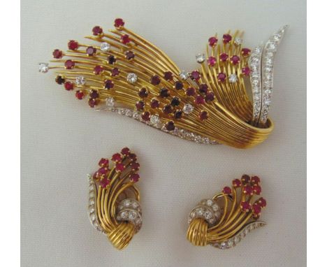 Kutchinsky style 18ct yellow gold, diamond and ruby brooch and matching earrings, earrings signed, approx total weight 59.4g