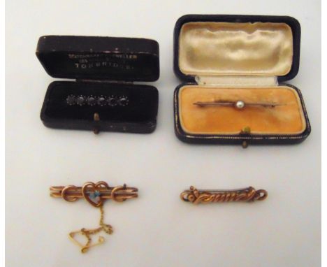 Four 9ct gold bar brooches to include a rope twist, a heart design set with opals, one set with garnets and one with pearl (4