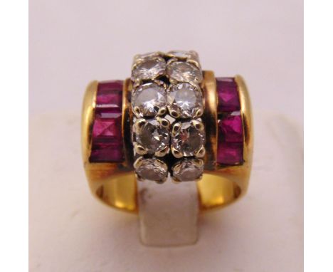 Art Deco ruby and diamond cocktail ring, tested 18ct, approx total weight 11.1g