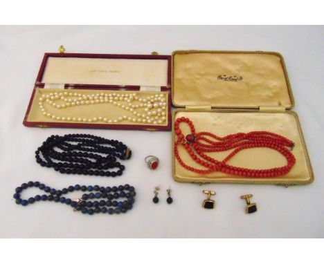A quantity of costume jewellery to include coral necklace and bracelet, pearls, cufflinks and earrings