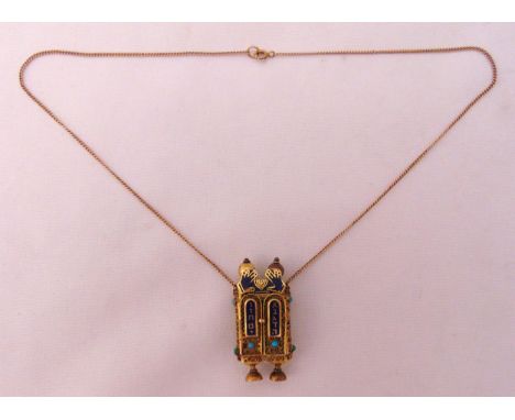 14ct gold filigree and enamel Torah scroll pendant set with turquoise on a fine 14ct gold chain, approx total weight 11.4g