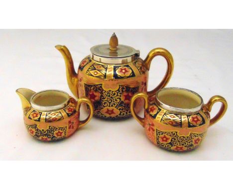 Victorian Imari three piece porcelain tea set with hallmarked silver borders, hallmarks for Henry Wilkinson &amp; Co Sheffiel