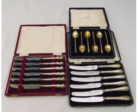 A quantity of hallmarked silver to include a cased set of enamel and silver coffee spoons and two cased sets of tea knives