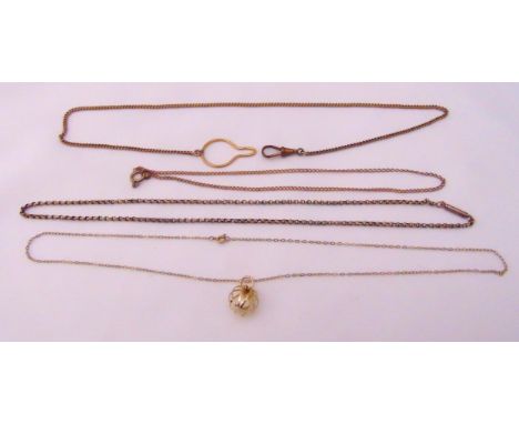 Two 9ct gold chains, one with cage pendant with an Isle of Wight pearl, a fob chain with a magnifying glass and an unmarked c