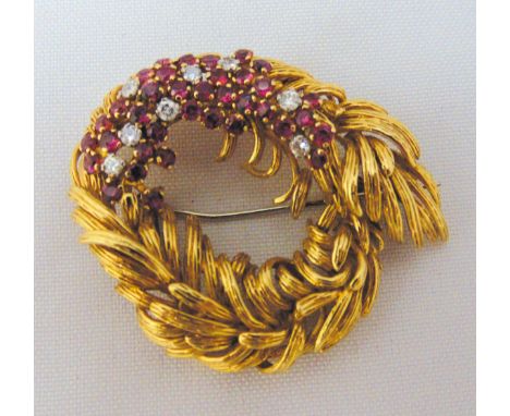 Kutchinsky style 18ct yellow gold, diamond and ruby brooch, approx total weight 28.7g