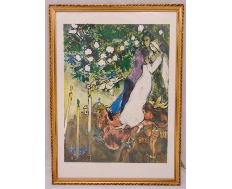 Marc Chagall framed and glazed limited edition polychromatic lithograph 247/450 titled Les Trois Cierges, blind stamped, deta