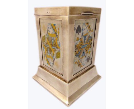 A hallmarked silver playing card holder of rectangular form with glazed side panels, hinged cover revealing cedar wood lining