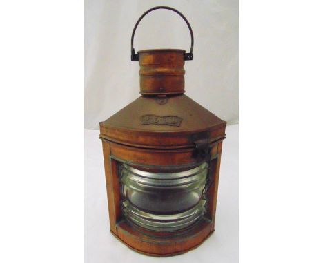 A copper Port lamp of customary form with swing handle, 52cm (h)
